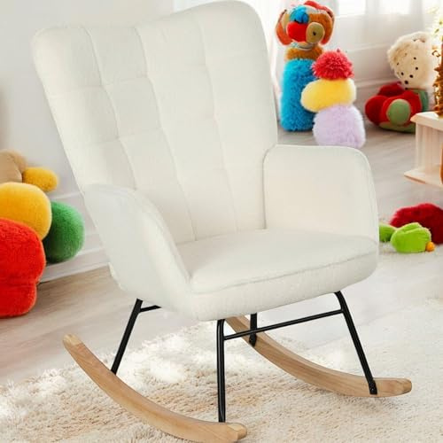 FurnitureR Mecedora Moderna Blanca para habitación de los niños, tapicería Suave, Patas de Madera Maciza, diseño ergonómico, Mueble Que Ahorra Espacio, Marco de Metal Resistente