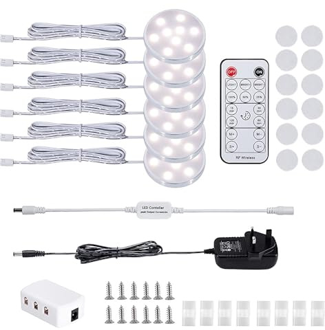 MOITA LED Dimmable Under Cabinet Lighting Kit,12V 6 Pack Wired Puck Lights with Remote Control, Plug in Under Counter Lighting Fixtures for Kitchen,Bookcase,Showcase,Shelf (Natural White)