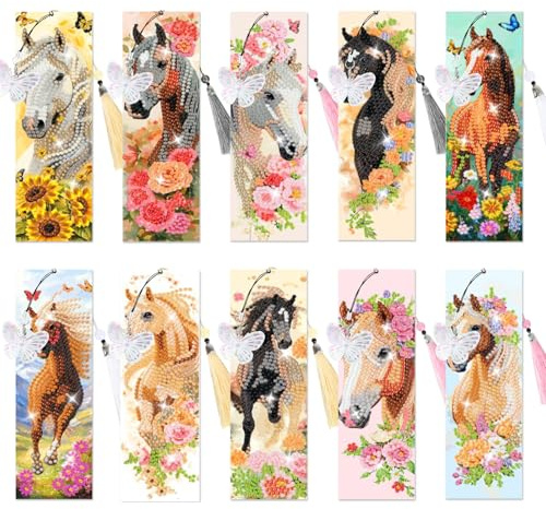10 Pièces Marque-Pages Diamond Painting Cheval, Signets Peinture Diamant Enfant Avec 20 Pendentifs Signets, Bookmark DIY Diamond Painting Cheval pour Filles et Garçons