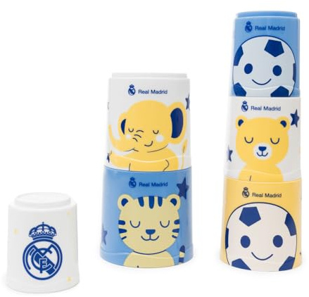 Real Madrid - Cubos Apilables para Bebés - Juego Estimulación Temprana con Colores Contrastados y Diseño Madridista - Desarrolla Coordinación y Lógica - para Niños y Niñas de 0 a 3 Años