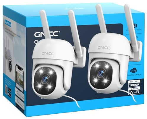 GNCC GK2 Kit 2 Telecamera Wi-Fi Esterno, 1080P Videocamera, 360° PTZ, Rilevamento Movimento, IP65, Tracciamento Movimento, MicroSD fino a 128GB, Servizi Cloud Opzionali, Solo WiFi a 2,4 GHz, Plug-in