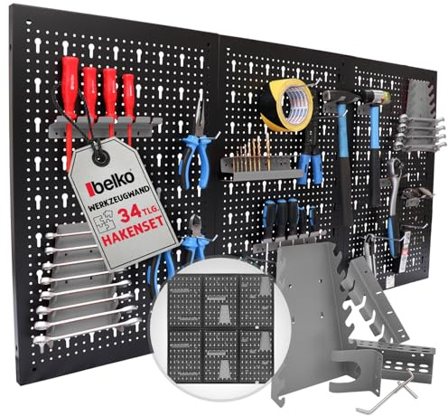Belko® Ensemble de tableau à outils gris en set de 2 | chaque 120x60 cm (combinable en 240x60 cm ou 120x120 cm) | incl. set de crochets et étagères 34 pièces | Tableau à outils en métal perforé