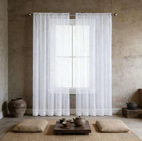 XUEQXUE Tende Trasparenti in Voile 90 x 190 cm Leggero Morbido Moderno Traspiranti e Facili, Morbide, Ideali Tende Lino Trasparenti per Soggiorno Camera Balcone Finestra e Cucina, Bianco