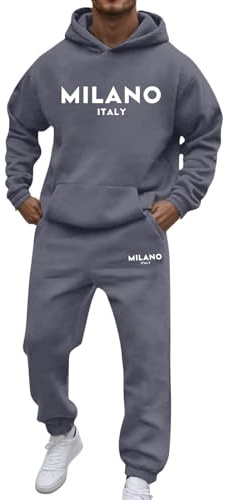 Survêtement en coton pour homme - Survêtement d'intérieur - Tenue décontractée - Sweat à capuche à manches longues avec poche et pantalon avec cordon de serrage - Imprimé lettres tendance, gris, XXL