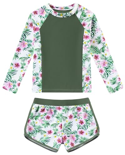 Ghteas Girls 2 Piece Rash Guard Long Sleeve Kid Swimsuits Swim Shirt with Trunk Olive Green Water Sports Swim Suit Sun Protection Teenage Girl Swimsuits 11-12 Years
