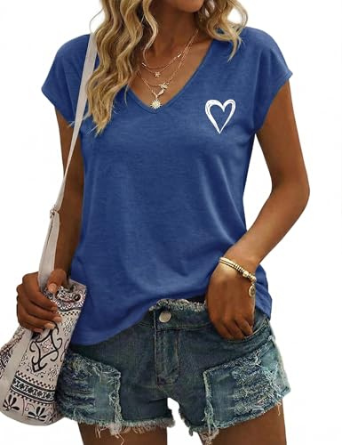 Gyabnw Camiseta Manga Corta Mujer Cuello V Corazones | Estampado de corazones, estilo de camiseta de manga corta, para verano y uso casual, camiseta básica para diario