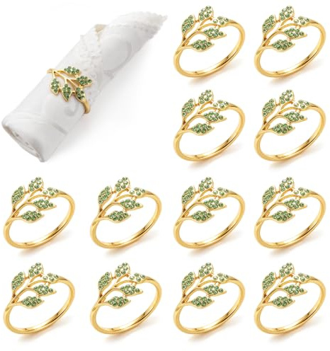 JNYUTEEN 12 Piezas Servilleteros Dorados, Anillo de Servilleta Diseño de Hojas en Metal con Detalles Verdes, Anillos de Servilleta para Bodas Cenas Familiares Pascua Acción de Gracias y Mesa