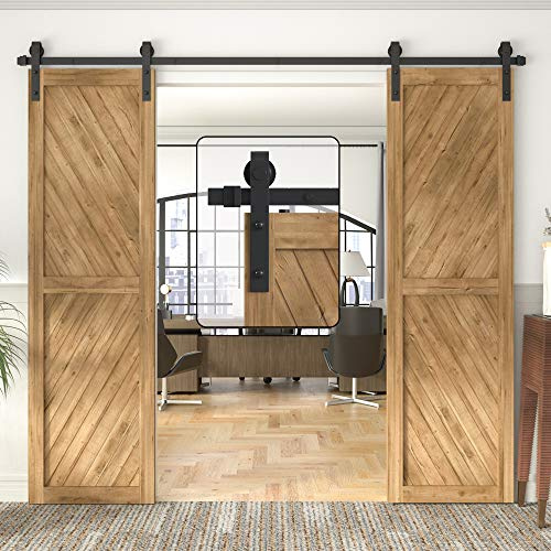 WINSOON 244cm Sliding Door Track Heavy Duty Barn Double Door Sliding Kit Sliding Barn Wood Door Hardware Closet Kit, Carbon Steel, J Shape Hanger