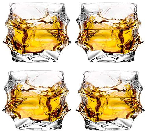 GLASKEY Juego de 4 Vasos de Whisky de Cristal Soplado a Mano de 350 ml, Vasos de Coñac únicos, Vasos de Barra con Fondo Grueso y pesado para Cóctel de Agua y ron Escocés Bourbon