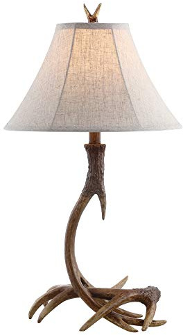 JONATHAN Y 27.5 Brown Antler Rustic Resin Table Lamp for Living Room Bedroom, Light Grey Linen Shade, Farmhouse Lodge Nightstand Lamp, LED Bulb Included JYL6305A