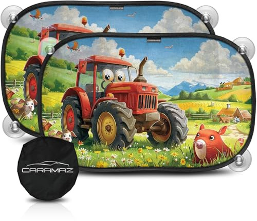 Car Window Shades for Baby with Certified UV Protection - Optimal Darkness with Suction Cups in Universal Size 51 x 31 cm - Tractor Design - Pack of 2