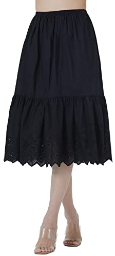 BEAUTELICATE Sottogonna Donna Cotone Lunga sotto Gonna Sottoveste Mezza Gonna con Bordo in Pizzo Vita Elastica (Anglaise Lace - Nero - 70cm, M)