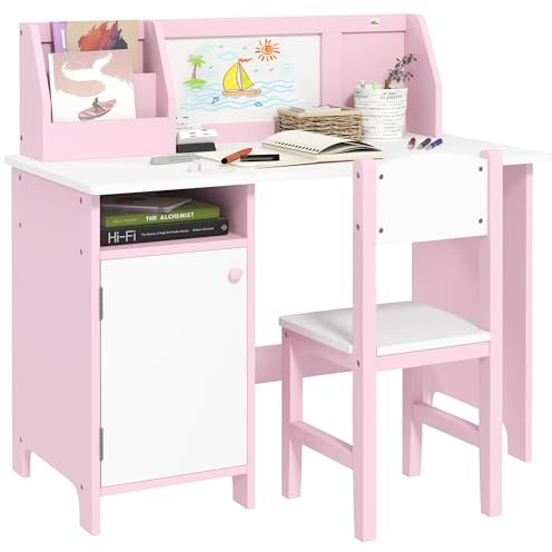 HOMCOM Juego de Mesa y Silla Infantil de Madera con Pizarra Blanca Mesa de Estudio para Niños de +5 Años Mueble Escritorio Infantil 90x45x85 cm Rosa