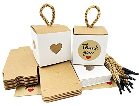DUGYIRS 50 Stück Kraftpapier Geschenkboxen 5.5x5.5x5.5 cm Kleine Geschenkboxen Süßigkeiten Schachtel Vintage Geschenkboxen für Pralinen Nüsse Zucker Teeblätter Hochzeitsfeier Geschenke (Weiß&Braun)