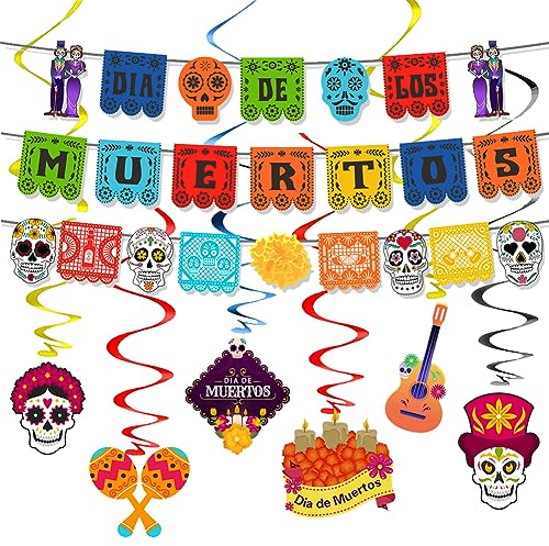 Mexikanska festdekorationer, 3-pack banderoller och 6-pack virvlar, färgglad filt-Fiesta-banderoller, Dia De Los Muertos-dekor, Papel Picado-banderoller, de dödas dag