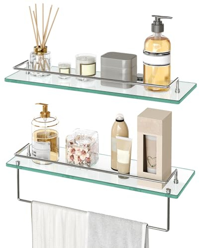HOOBRO Glass Shelves for Bathroom, 15.7 Inch Floating Glass Shelf for Wall, Set of 2 Tempered Stainless Steel Wall Mounted Stand for Toilet, Room Decor, Silver SV02BJ01