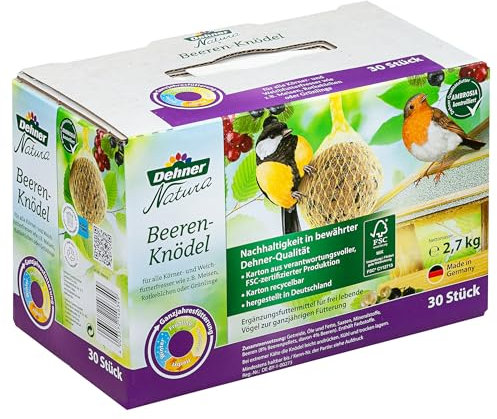 Dehner Natura Premium Meisenknödel mit Netz, Beerenknödel, ganzjähriges Wildvogelfutter proteinreich / energiereich, 30 Stück je 90 g (2.7 kg), Karton aus FSC-zertifizierter Produktion