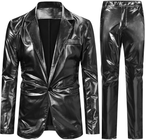 Allthemen Mens Shiny 2 Piece Suits 1 Button Blazer Trouser Black L