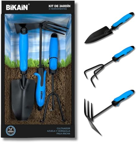 BIKAIN - Kit de Jardinage - 3 Outils - Comprend Une Pelle Large, Une Lance + Une Fourche et Un cultivateur - Poignées ergonomiques et antidérapantes - Outil en Acier
