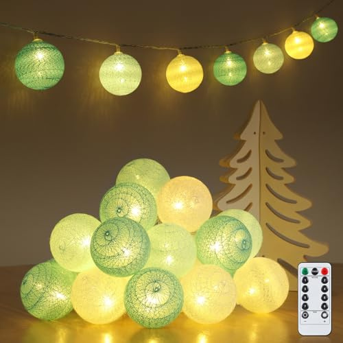 Ewikin Catena di luci con palline di cotone, 20 sfere LED USB e a batteria, catena luminosa per camera dei bambini con telecomando, catena di luci in cotone per interni per decorazione della camera da