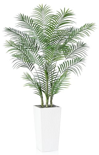 SOGUYI Palma Artificiale 180 cm - Pianta Finta Resistente ai Raggi UV per Decorazioni Interne ed Esterne - Pianta da Pavimento Finta con Fioriera Conica Bianca