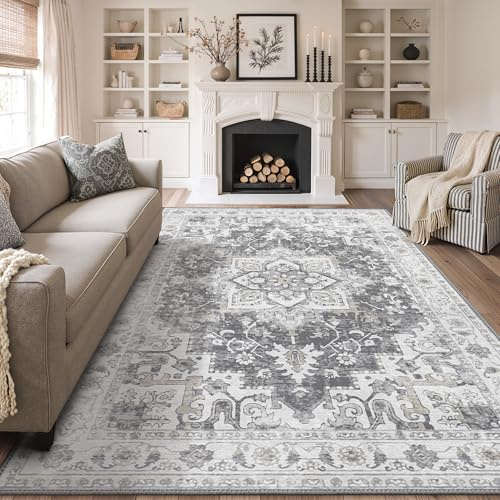 GENIMO Rugs Living Room 150x210cm Washable Short Pile Carpet Light Grey | Living Room Rug, Vintage, Boho, Dining Room, Home Office, Low Pile, Non Slip, Print, Suitable for Hallway, Lounge, Bedroom