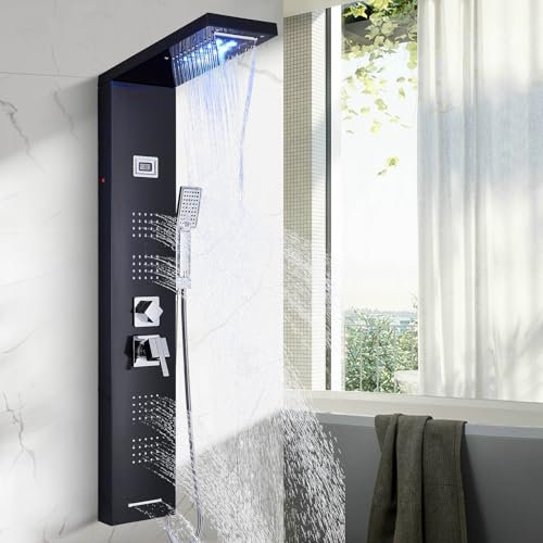 Colonne de douche avec 5 modes de bec avec affichage LED, système de douche noir, acier inoxydable