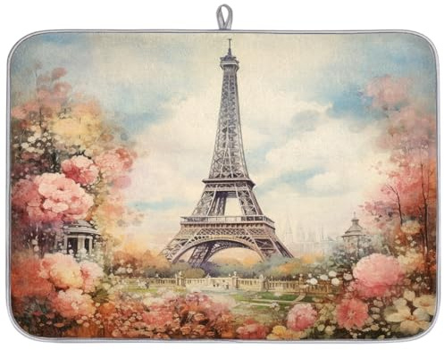 Paris - Tapete de secado de platos de pintura floral de la Torre Eiffel para encimera de cocina, tapete absorbente para máquina de café, tapete escurridor de platos de microfibra antideslizante, 18 x