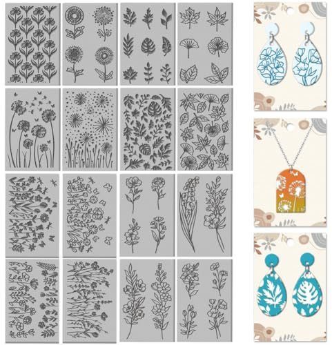CHGCRAFT 16 Fogli Piante e fiori Stuoia di struttura dell'argilla Modello di dente di leone Fogli di texture in argilla polimerica Strumenti per il fai da te per la creazione di gioielli, 4x2,6pollici
