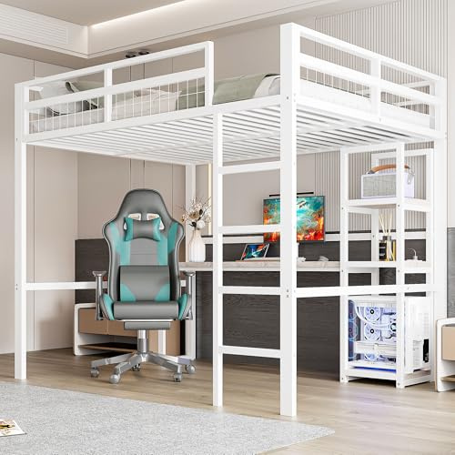 Huayz Cama alta de metal, 140 x 200 cm, escritorio con enchufe y estante, con carga USB + Type-c, para niños, jóvenes y adultos, cama apilable, sin colchón (blanco)