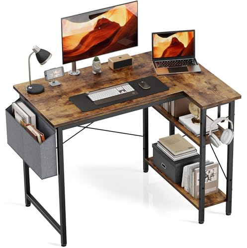 Yornoli L Shaped Computer Desk, 100x70cm Reversible Storage Shelves & Stable Design Corner Desk, Gaming/Office/Study Workstation for Small Spaces, Rustic Brown