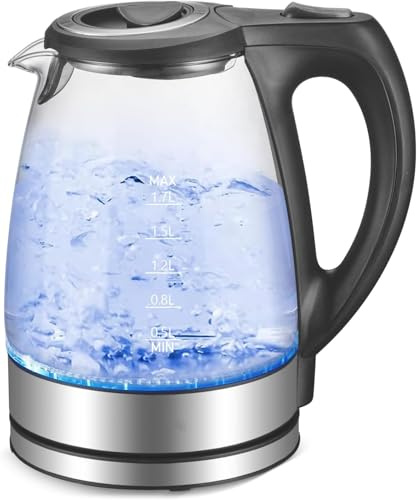 Anluomafuy Bollitore Acqua Elettrico in Vetro Borosilicato con LED, 1,7 litri, 2200W, Spegnimento Automatico, Filtro Anticalcare, Base di rotazione a 360° in Acciaio Inox