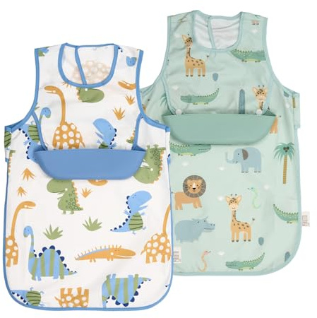 PERLETTI Bavoir de Sevrage Bebe sans Manches - Tablier Imperméable avec Bavette Amovibles en Silicone - Bavoir à Manger Enfant Fille Garçon 6 Mois 1 2 3 4 Ans Lavable Réutilisable