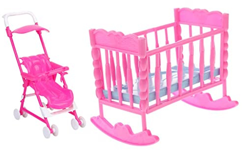 Pink Baby Rocking Bed + Stroller for Barbie Kelly Dolls