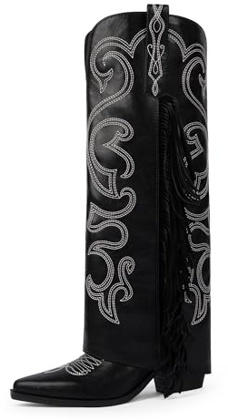 QIY Wide Calf Boots for Women Black Cowboy Boots Fold Over Knee High Cowgirl Tassels Boot for Women Western Embroidered Pointy Toe Chunky Heel Long Cow Girl Fringe Shark Boot Size 11