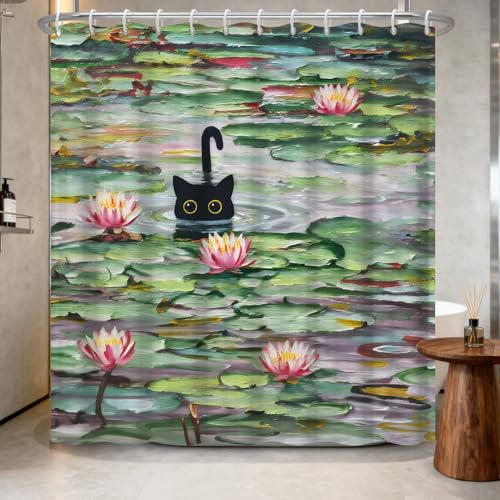 NAEMBCU Artistic Shower Curtain with 12 Hooks 71x74 Inch - Black Cat and Lotus Pond Pattern, Waterproof Fabric Bath Curtain for Modern Bathroom Decor