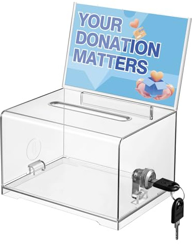 Polmart Clear Donation Box with Lock - Secure Ballot Box with Removable Sign Holder 2 Keys - for Money, Cards, Votes, Tickets, Feedback Collection (4.75D x 6.29W x 8H)