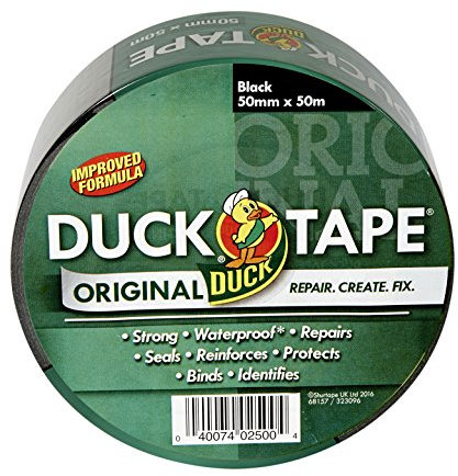 Duck Cinta adhesiva de pato negro original, 50 mm x 50 m, fórmula mejorada de alta resistencia, impermeable, cinta de reparación de tela