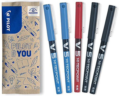 PILOT - Lot de 5 V5 - Stylos Roller à Encre Liquide à Pointe Fine pour une Écriture Fluide et Précise - Séchage rapide, ne fuit pas - 2 Noirs, 2 Bleu, Rouge - Pointe Fine (0,5mm)