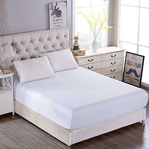 Fitted Bed Sheet 30cm deep【White】Mattress Cover 600TC Ultra Soft Touch Silk Like Satin Breathable Luxury Premium Quality Fabric Wrinkle & Stain Resistant Bedding Linen (Double)