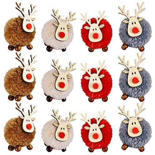 Mcree 12Pcs Christmas Cute Wool Felt Wooden Elk Antler Pendants Christmas Tree Decorations, Lovely Deer Craft Ornament for Xmas Tree Decor, Merry Christmas 2022 New Year Home Decor (12Pack)