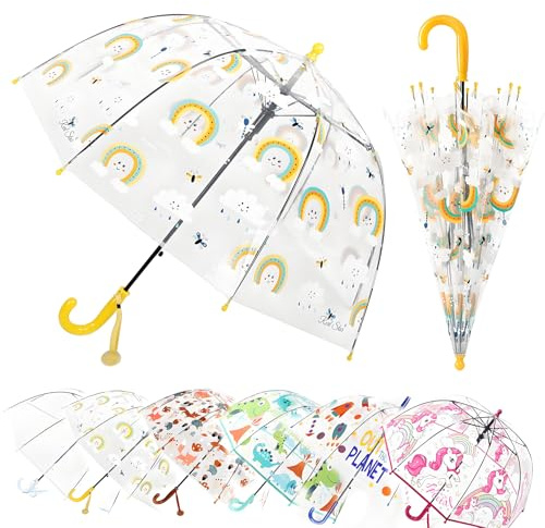 MRTLLOA Kids Rainbow Clear Bubble Umbrella, Toddler Grip Curved Handle Stick Rain Umbrella(Rainbow)