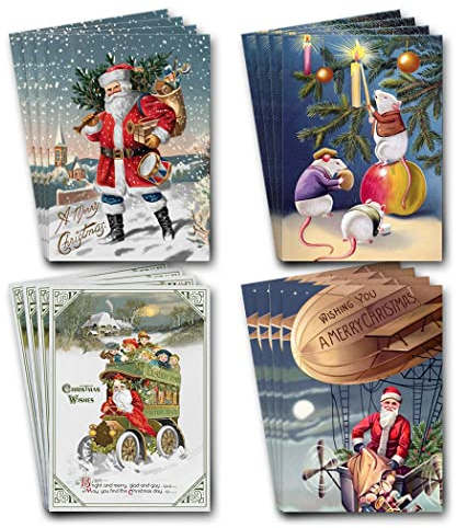 Cartoline natalizie vintage, formato A6, confezione da 16 cartoline – Set di 4 disegni – stile vittoriano antico classico – arte unica – passato tradizionale – Cool School Retro Cute – Made in UK