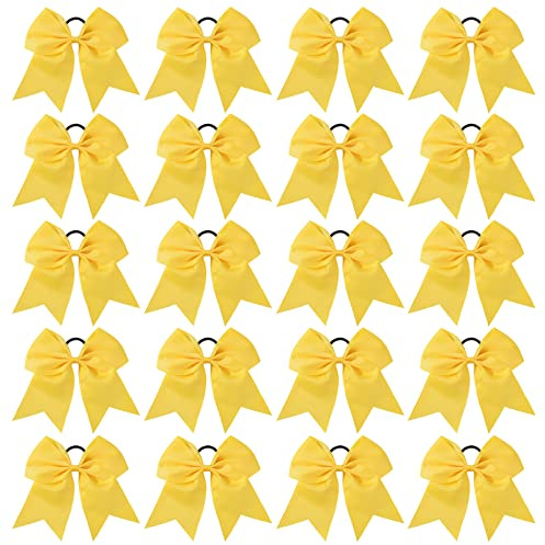 20 PCS 8 Inch Cheer Hair Bows Large Cheerleading Big Hair Bows with Ponytail Holder Hand-made Grosgrain Ribbon Hair Accessories for Teen Girls(Yellow)