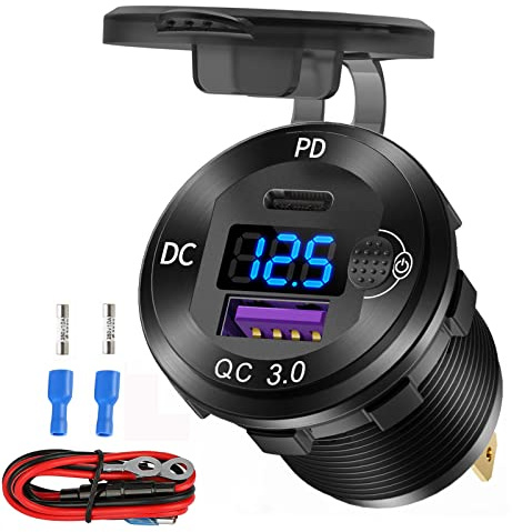 Aluminium Billaddningsuttag 12V USB C, 12 Volt USB-uttag, PD 20W och Quick Charge 3.0 18W vattentät med voltmeter och strömbrytare, lämplig för marin, lastbil, motorcykel, båt, golfvagn, RV