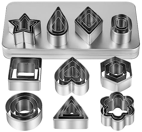 Mini Cookie Cutters Set with Box, QtoiKce 30Pcs Small Stainless Steel Flower Square Heart Round Star Triangle Oval Shapes Cookie Cutters, Mini Polymer Clay Cutters for Kids