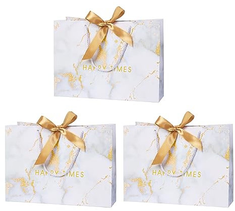 3 Stück 32× 22× 11cm Geschenktüten mit Schleifenbändern, Groß Geschenktaschen mit Henkel Geburtstag Papiertüten für Geburtstag, Hochzeit, Brautparty, Babyparty(weiß)