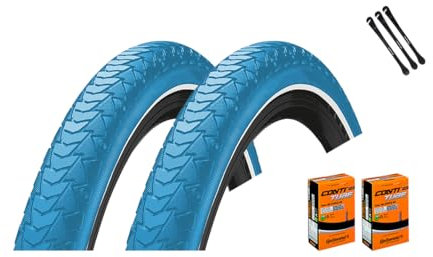 2er Set Continental Fahrradreifen Contact Plus Blau 28 Zoll (42-622) Reflex AV DV SV Schlauch + 3 Reifenheber E Bike Blue (28x1.60 (42-622), AV-Ventil Schläuche)