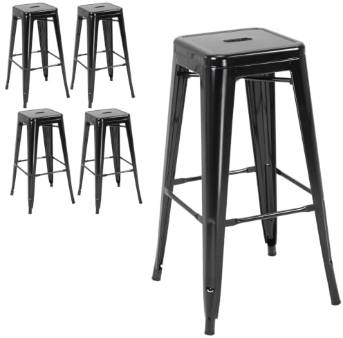 HOMCOM Set 4 Sgabelli Bar Impilabili con Poggiapiedi 43x43x76 cm Nero | Sgabelli Cucina Alti in Metallo, Sedie Bar Alte Stile Industriale, per Penisola, Cucina, Sala da pranzo