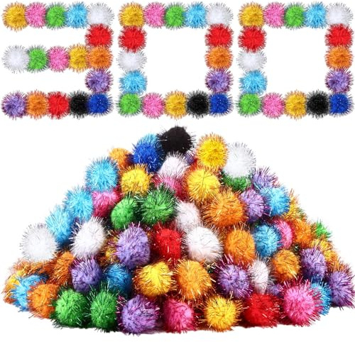 Poen 300 Pieces Cat Toy Fuzzy Balls 1.8 Inch Assorted Color Pom Pom Interactive Tinsel Balls for Indoor Cats